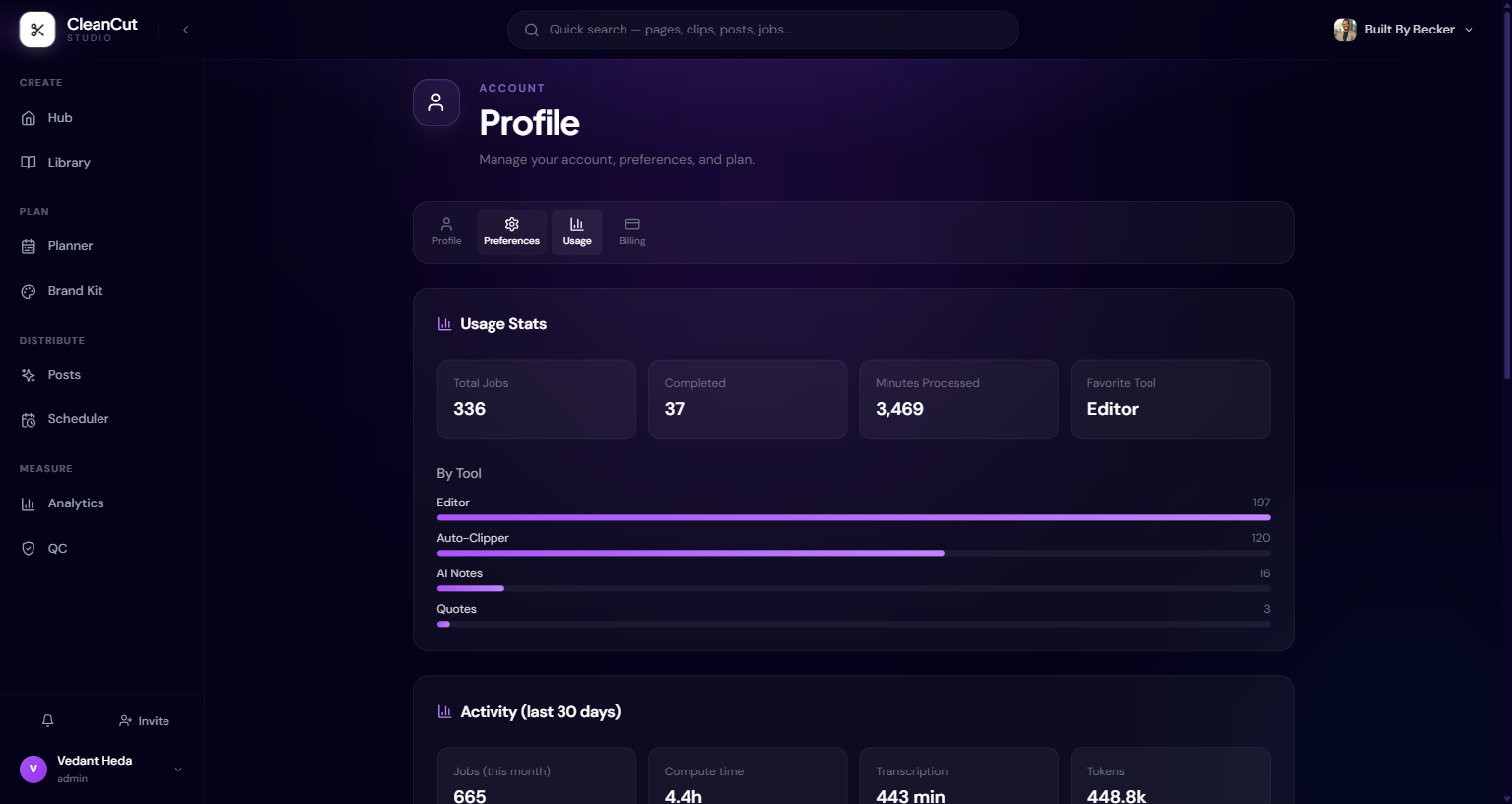 The Billing tab of the profile page showing the current plan