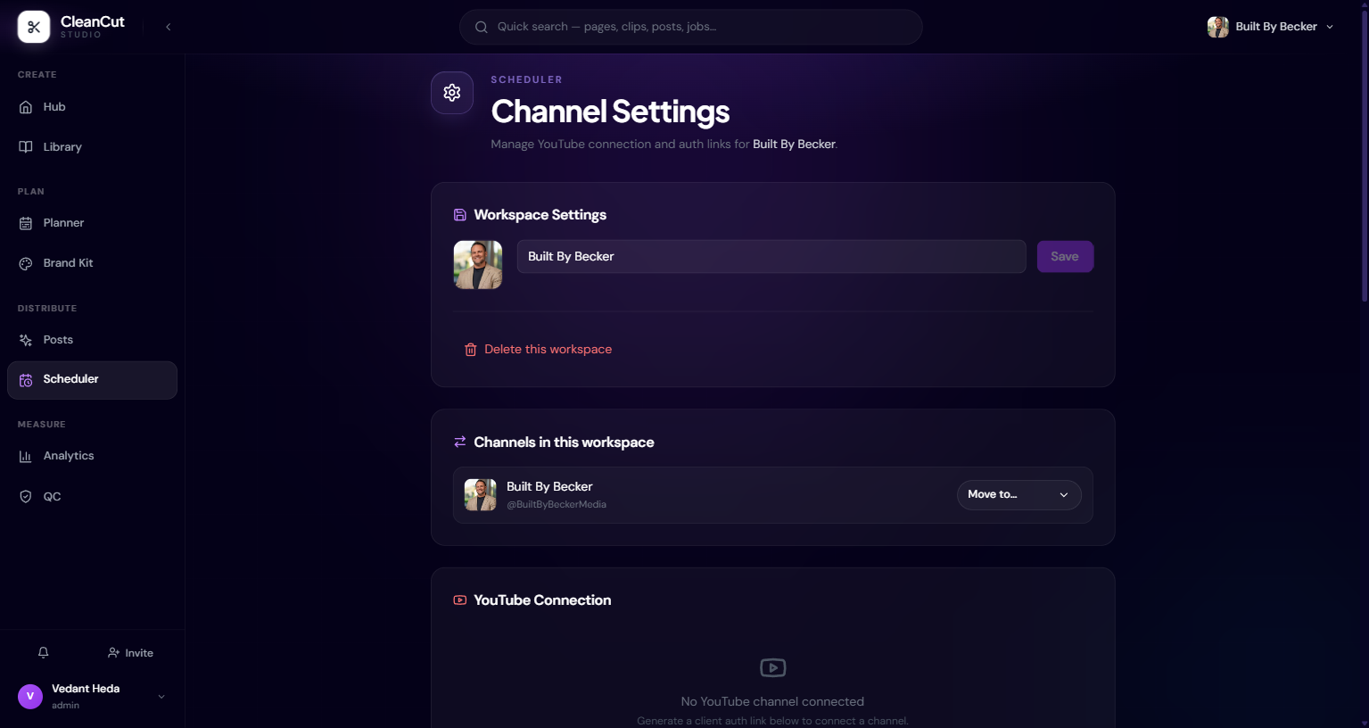 The Channel Settings page listing YouTube, Meta, Threads, LinkedIn, and TikTok connections