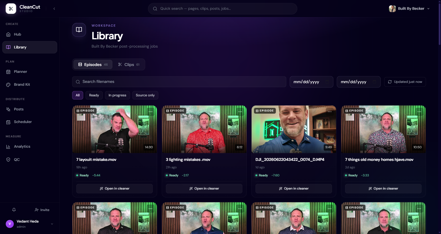 The Media Hub library showing the Episodes and Clips tabs