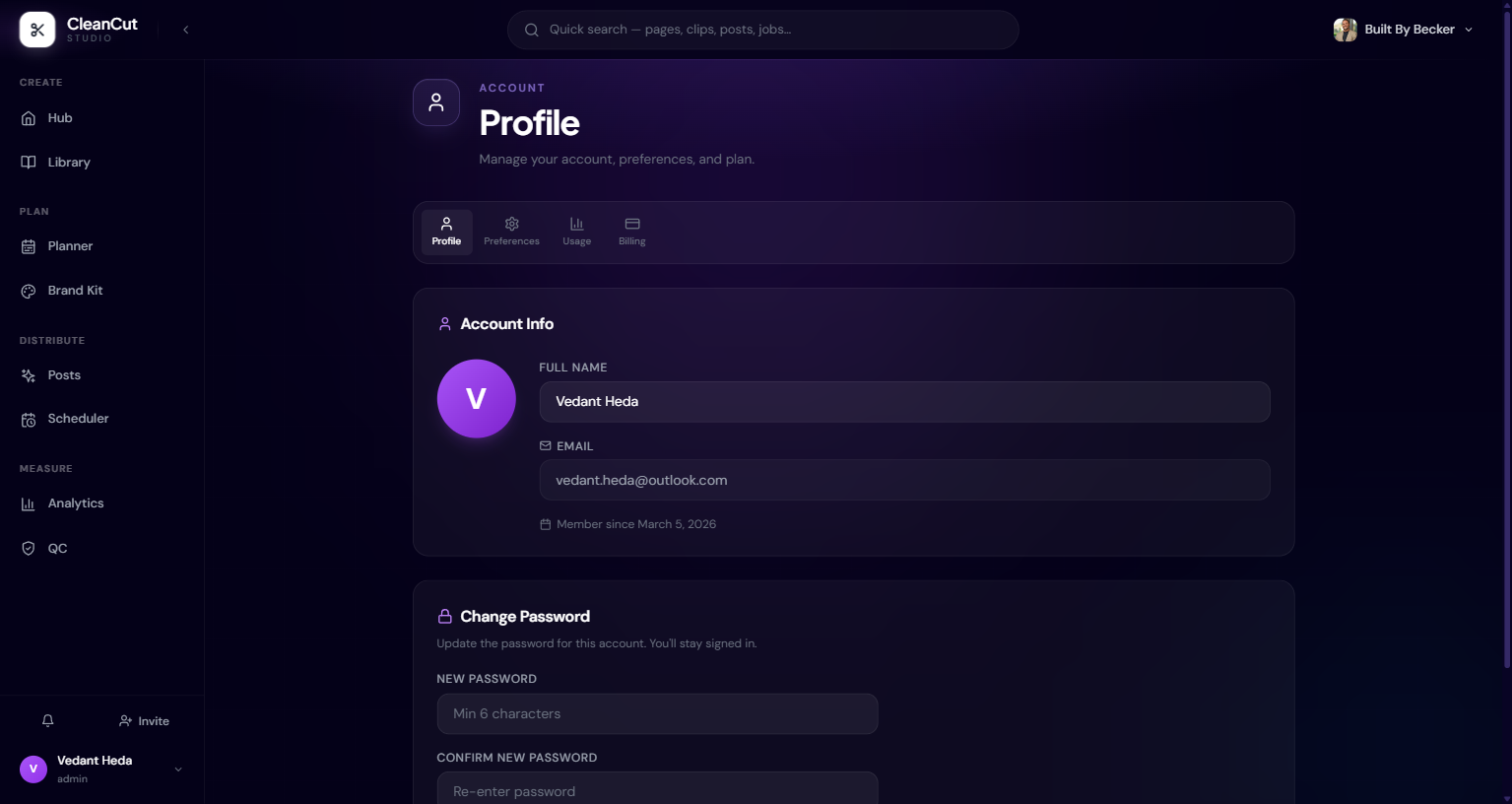 The profile page showing the Profile, Preferences, Usage, and Billing tabs