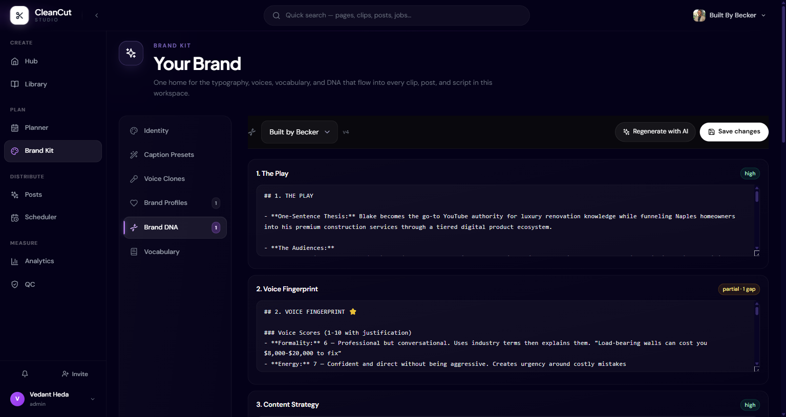 The Brand DNA editor with markdown sections and a version number