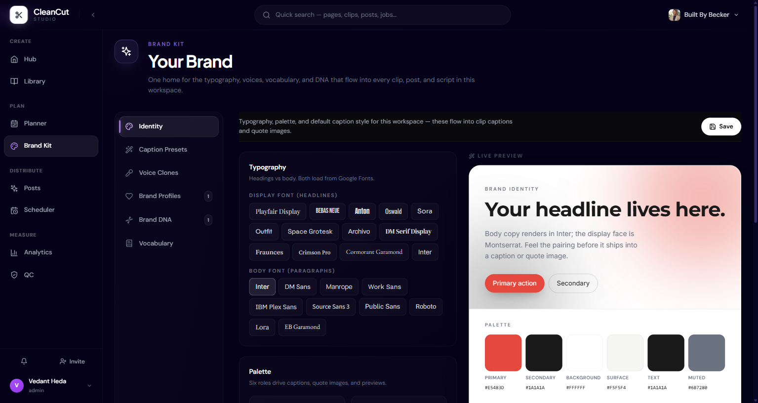 The Brand Kit Identity tab with fonts and a colour palette