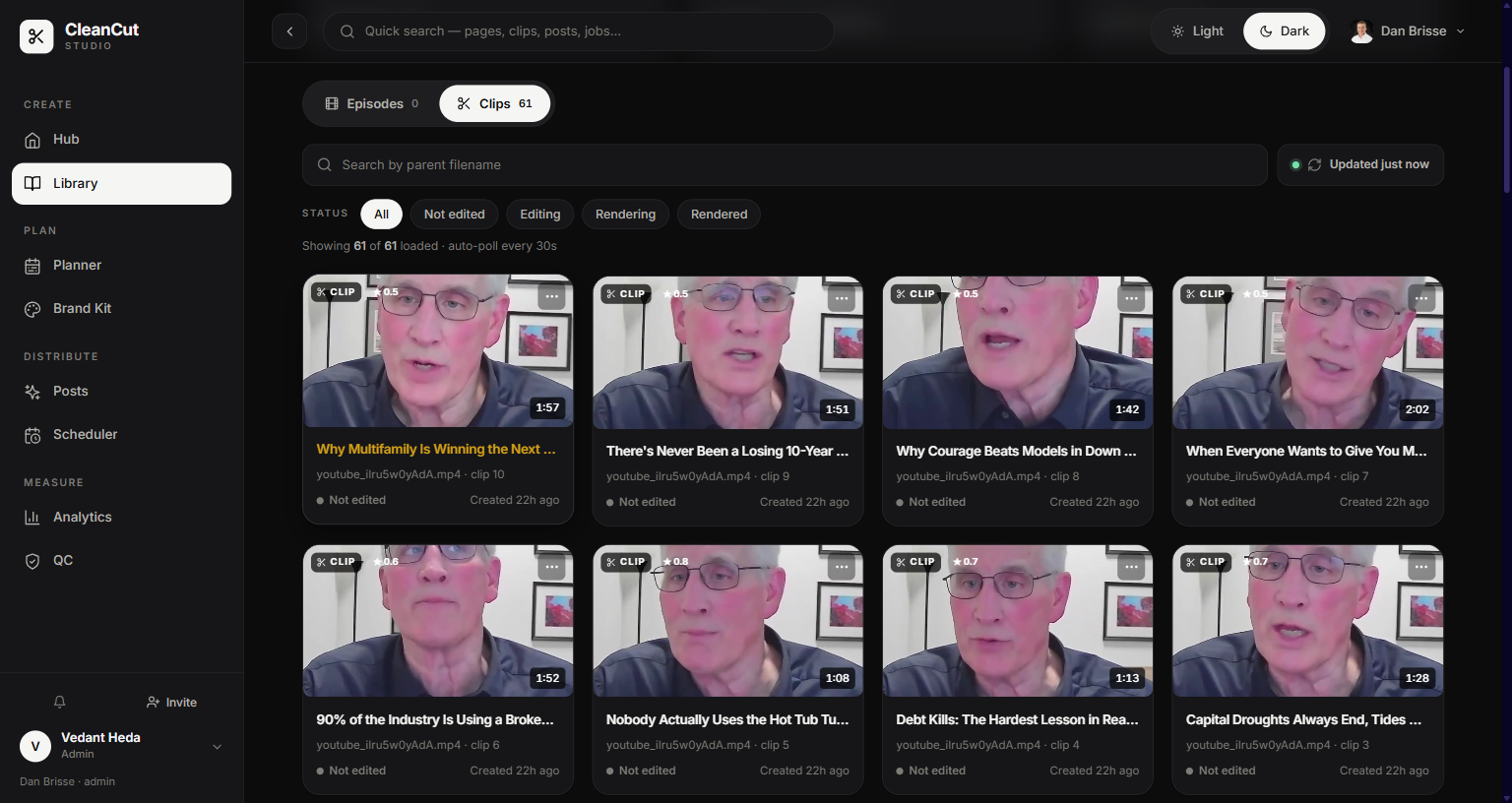 A grid of extracted clip cards, each showing its virality score, length, and title