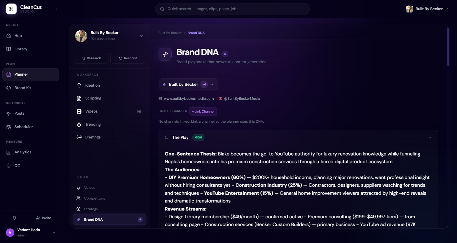 A Brand DNA playbook section with a confidence badge