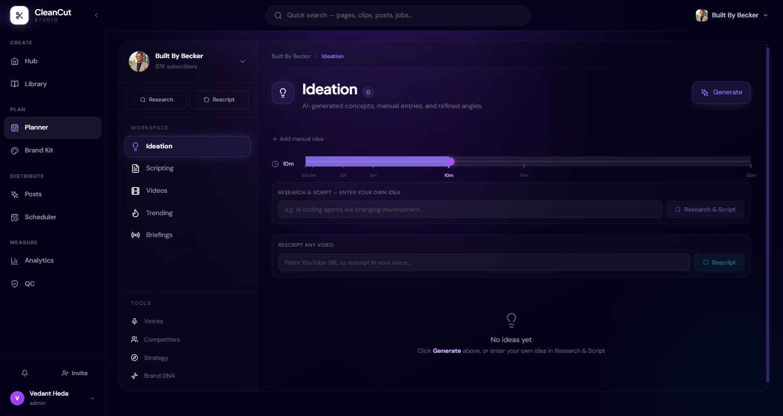 The Planner with its sidebar sections and channel picker