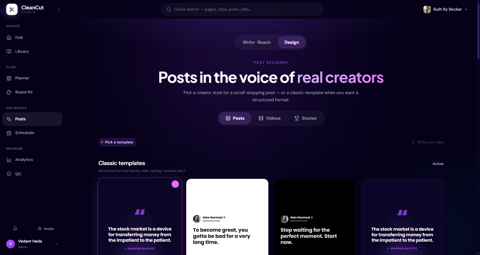 The Post Designer with a template configured and a live preview of the output