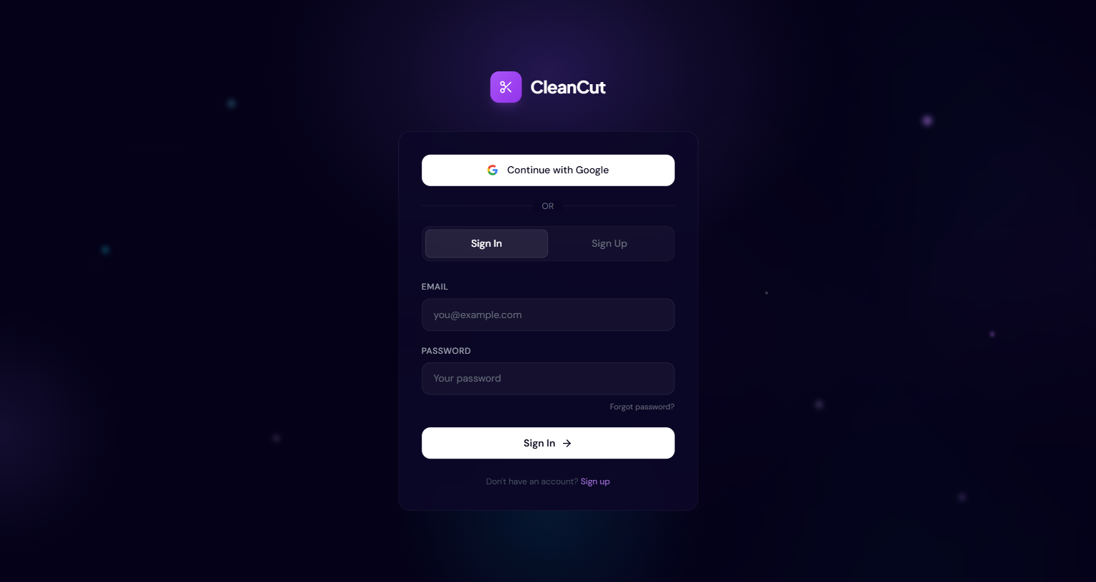 The CleanCut sign-in screen with Sign in and Sign up tabs and a Continue with Google button